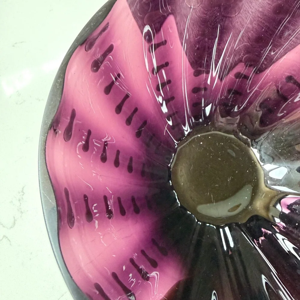 Mid-Century Style Amethyst Art Glass Bowl - Polished Base White‎ Dashes Motif
